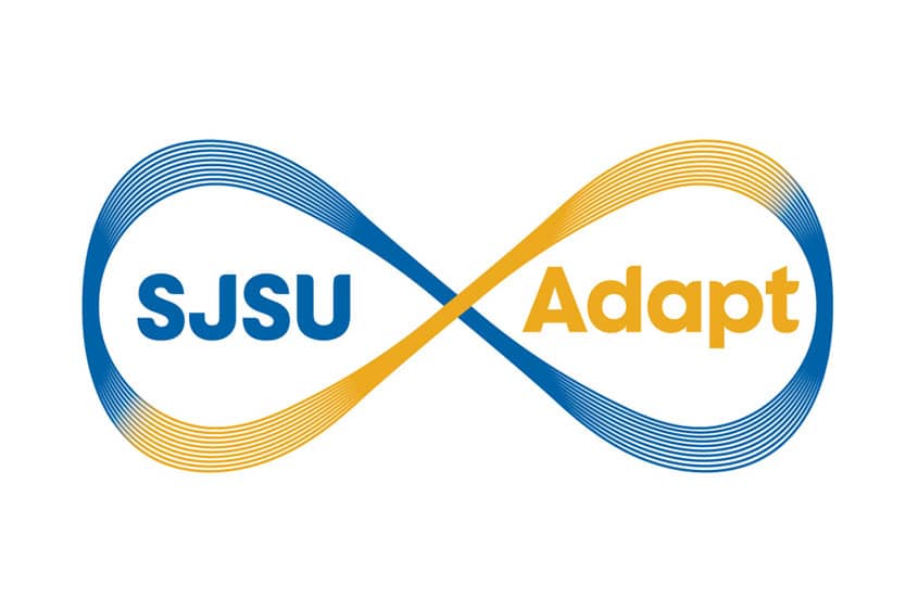 Blue and gold infinity symbol looping around the words SJSU Adapt.