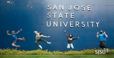 A diverse group of grads jumping mid air and cheering during a clear sunny day on campus with the text SJSU Ranked #1 Most Transformative by Money.